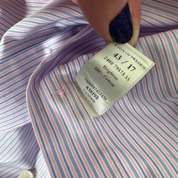ETON Slim Button Down Men's Dress Shirt Blue/Pink/White Pinstripe Sz 43/17 EUC - Picture 4 of 5
